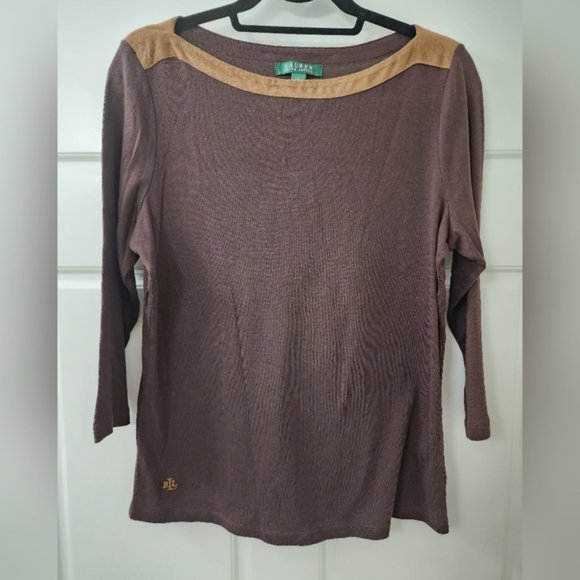 Ralph Lauren Tops - Ralph Lauren Chocolate Brown & Tan Suede Collar 3/4 Sleeve 100% Cotton Top L